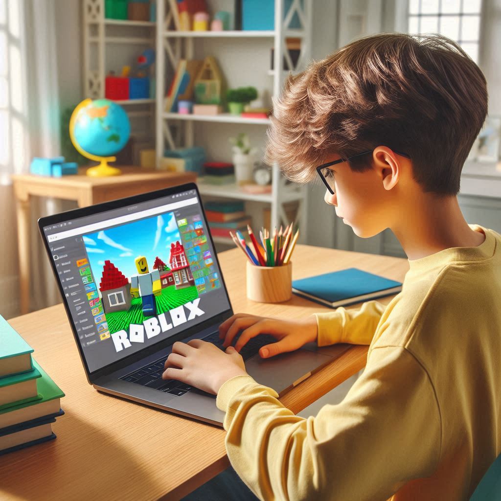 Roblox programmieren für Kinder. Kind sitzt vor dem Bildschirm und programmiert ein Roblox-Spiel im Onlinekurs