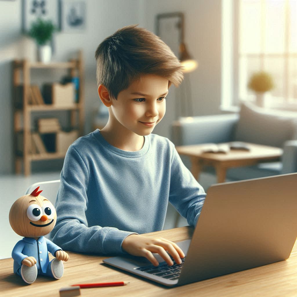 autistisches Kind lernt in einem Online Kurs am Laptop